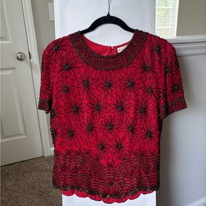 Papell Boutique 100% Silk Red Floral Embroidered Blouse